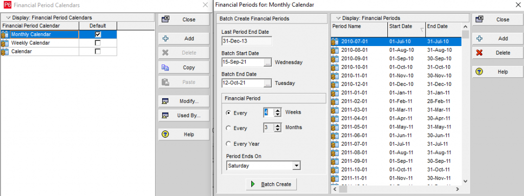 Calendarios para diferentes periodos financieros ventana emergente P6 versión 20