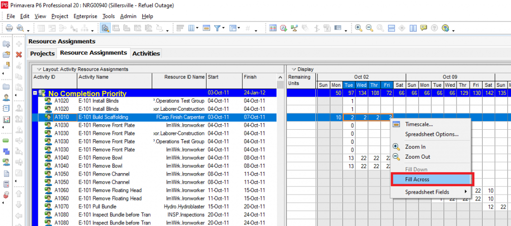 Fill Across in resource assignments window of p6 new released 20