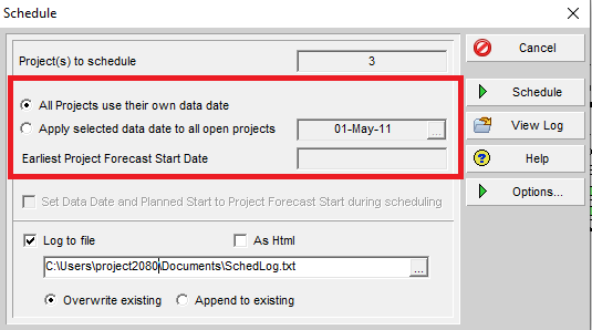 Scheduling options for multiple projects in P6 version 20.12