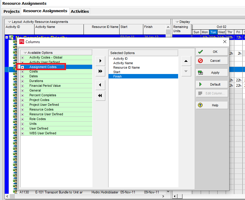 Assignment codes on the activity resource assignment window in Primavera P6 Professional v20.12
