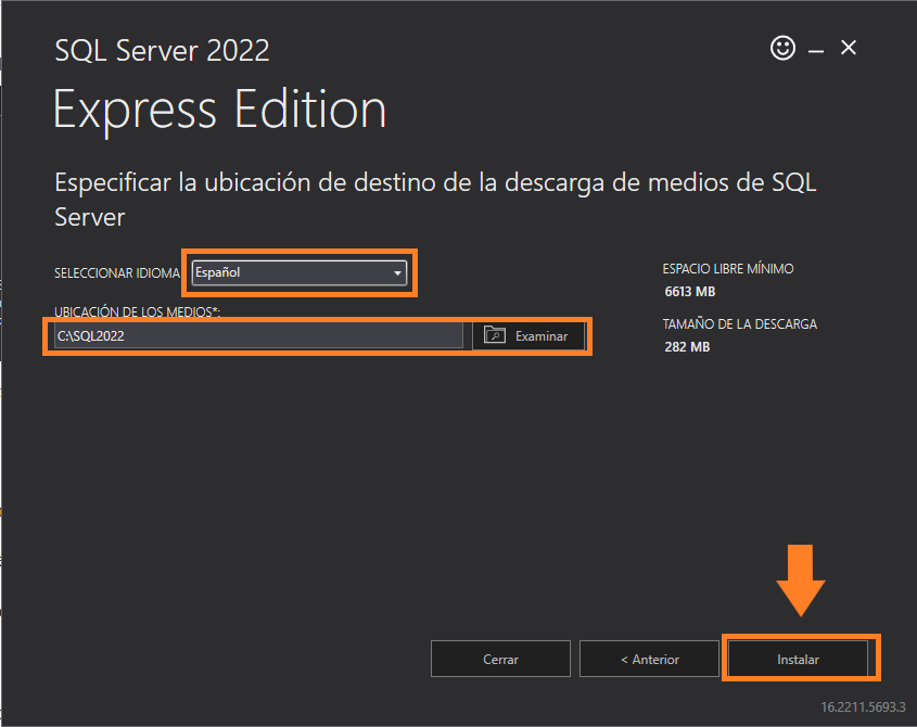 Microsoft SQL Server 2022 Express idioma y directorio
