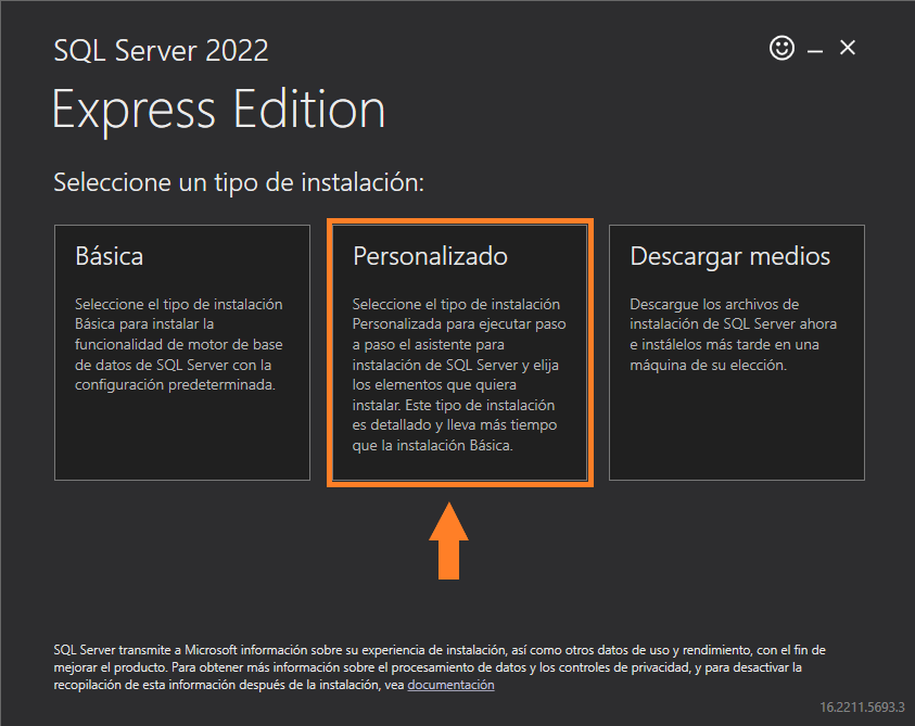 Microsoft SQL Server 2022 Express tipo de instalación personalizado