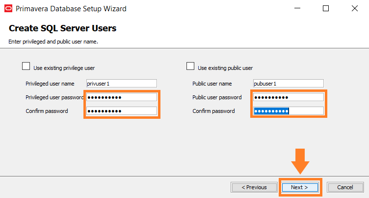Primavera Database Setup Wizard Create SQL Server Users