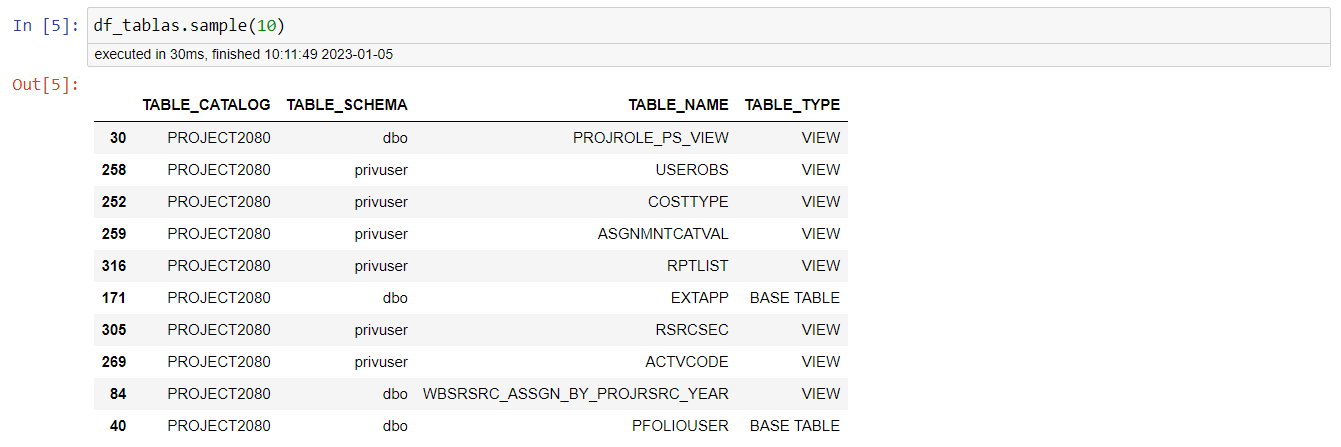 Conectar Python con SQL Server inspección tablas sample